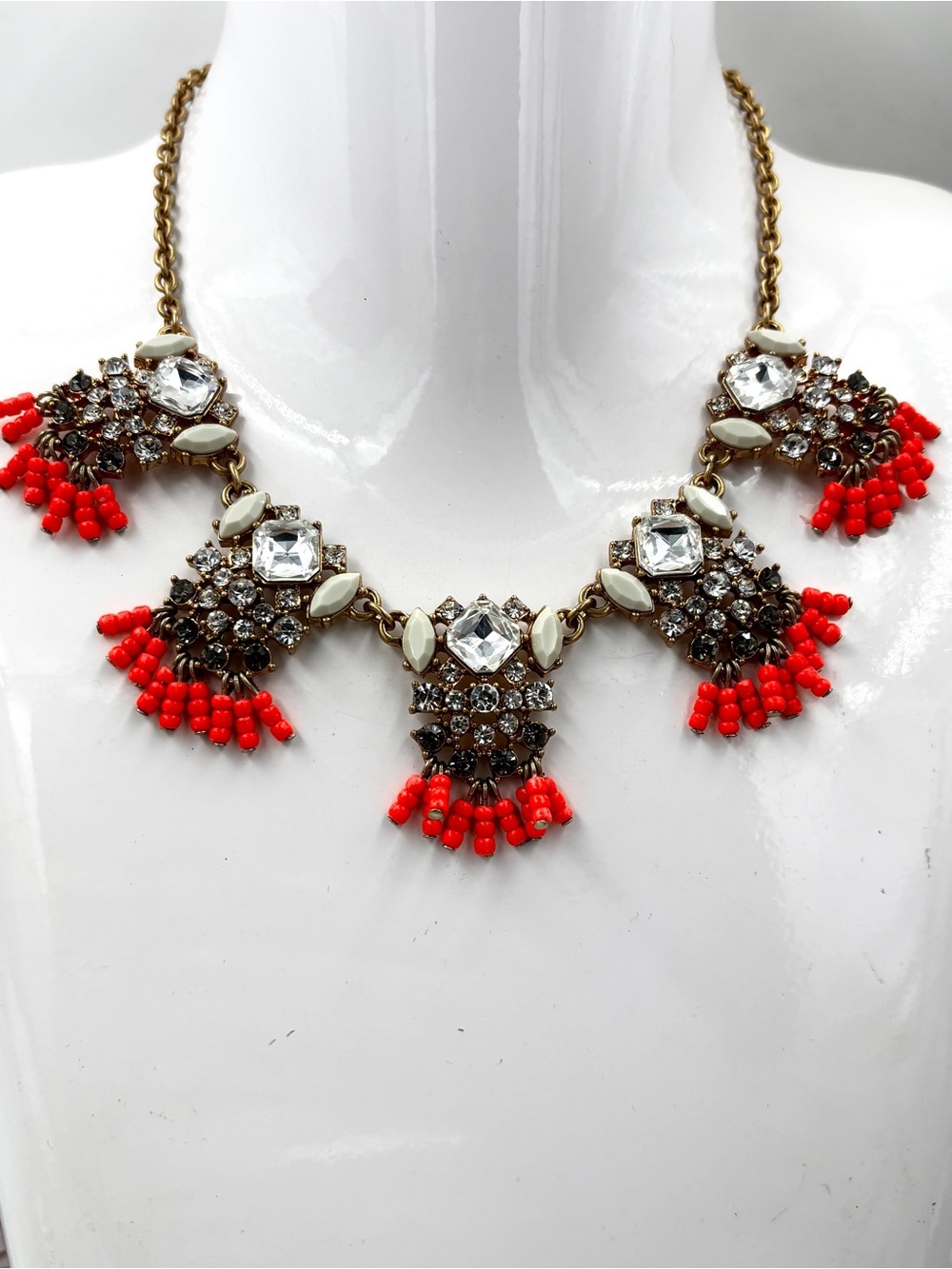 J Crew Vintage Crystal & Resin beaded Tassel Statement Necklace